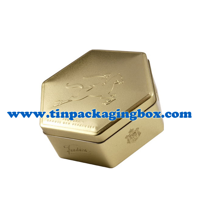 hexagonal shape gold color sandblasted tinplae chocolate packaging box