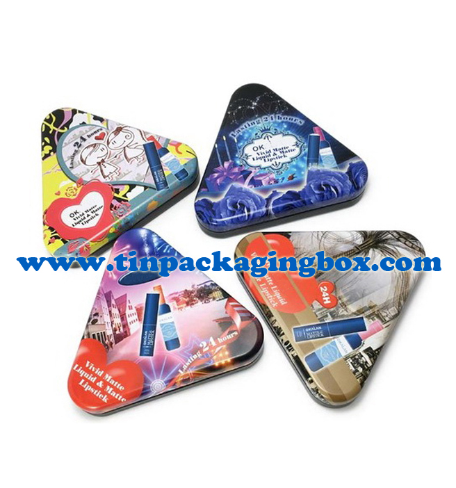 triangle shape gift tin box with plastic tray for lipstick packaging