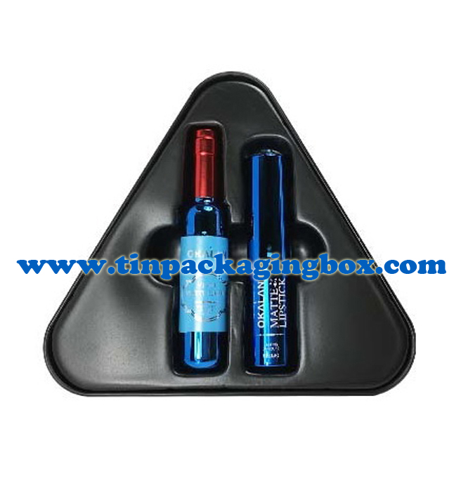 triangle shape gift tin box with plastic tray for lipstick packaging