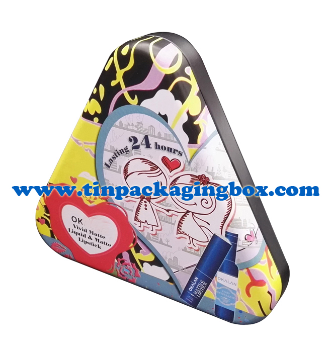 triangle shape gift tin box with plastic tray for lipstick packaging