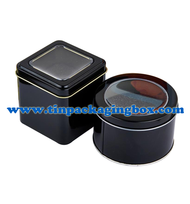 Black color square metal tin watch case watch display box with window and foam 75x75x75mm