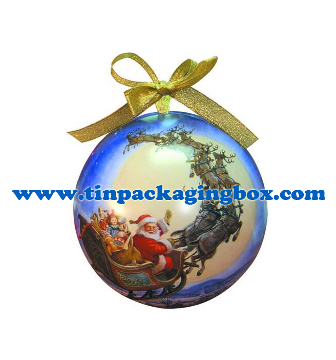 Large size Dia140 Dia130 Dia120 ball shape tin box tinplate bauble with ribbon for Christmas holiday