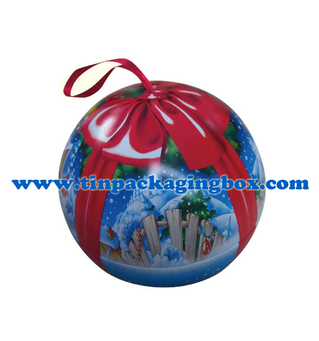 Large size Dia140 Dia130 Dia120 ball shape tin box tinplate bauble with ribbon for Christmas holiday