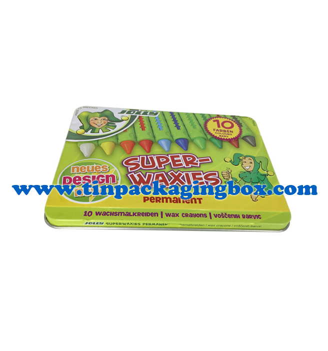10pcs wax crayons packaging tin box with plastic tray and hinged lid
