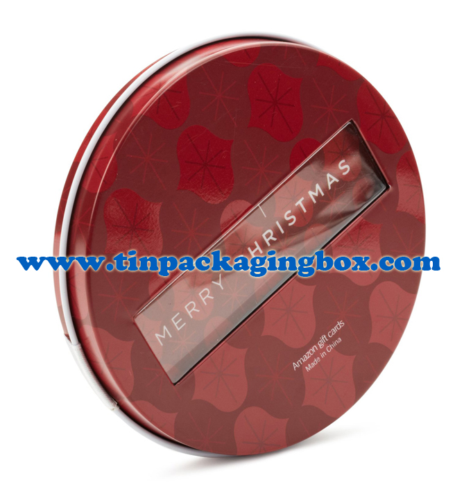 Round shape gift card tin holder with ribbon and flocked tray