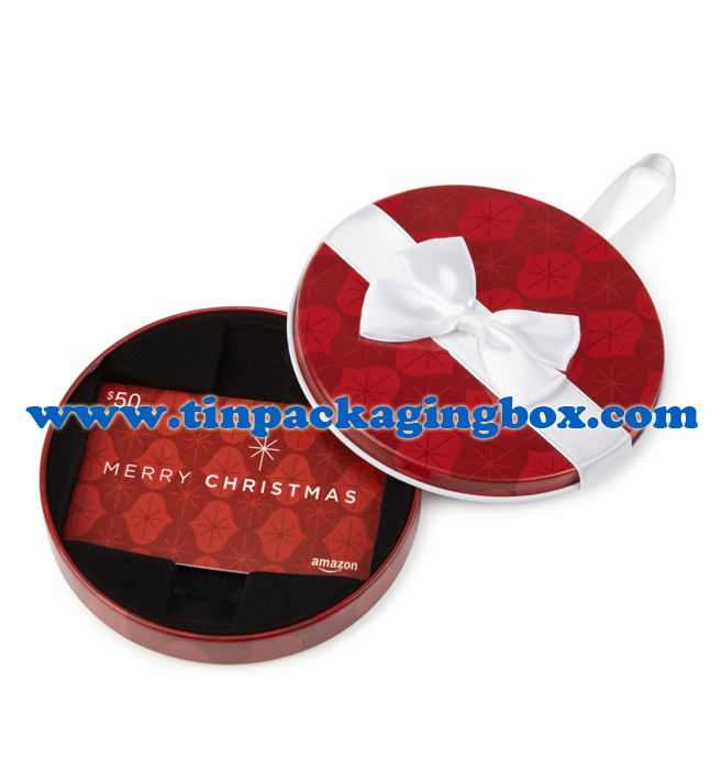 Round shape gift card tin holder with ribbon and flocked tray