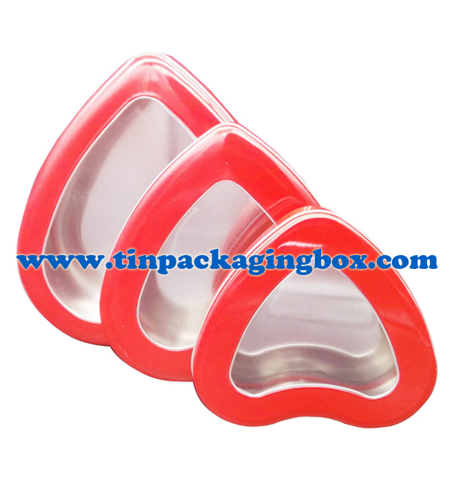 Red color gift heart tin box sets with clear PVC window to see through