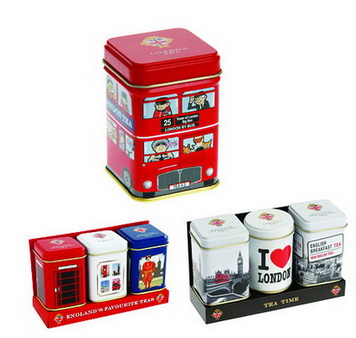 mini square tea tin box 25g with London bus design and display gift box