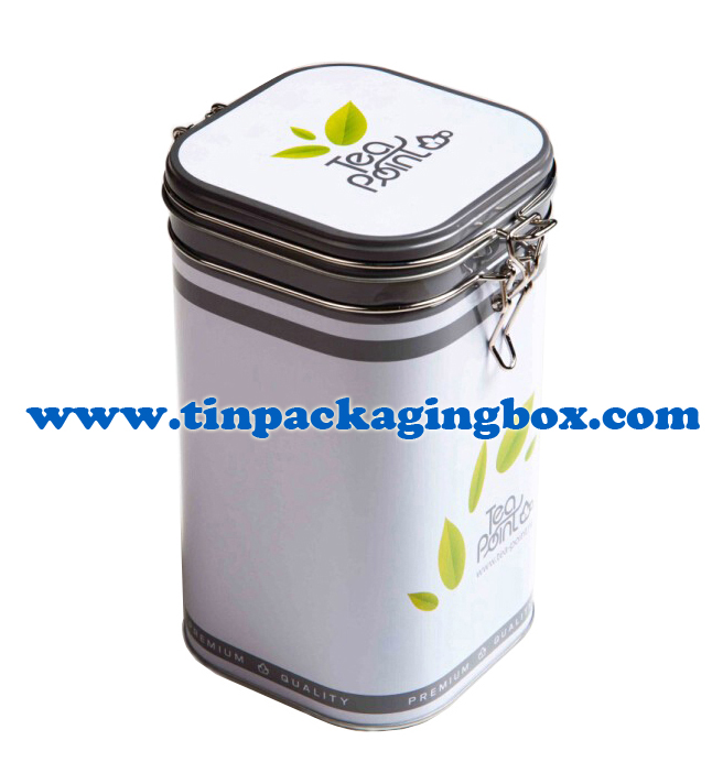 airtight tea tin box with metal clasp & metal lid & rubber seal