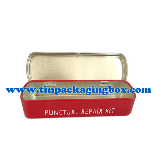 Puncture repair kit tin box with hinged lid