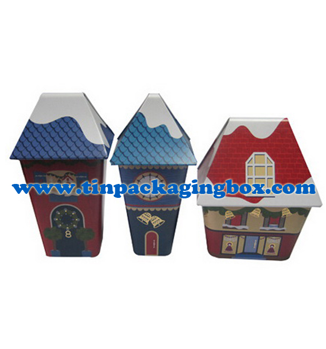 Christmas holiday decorative house shape tin box