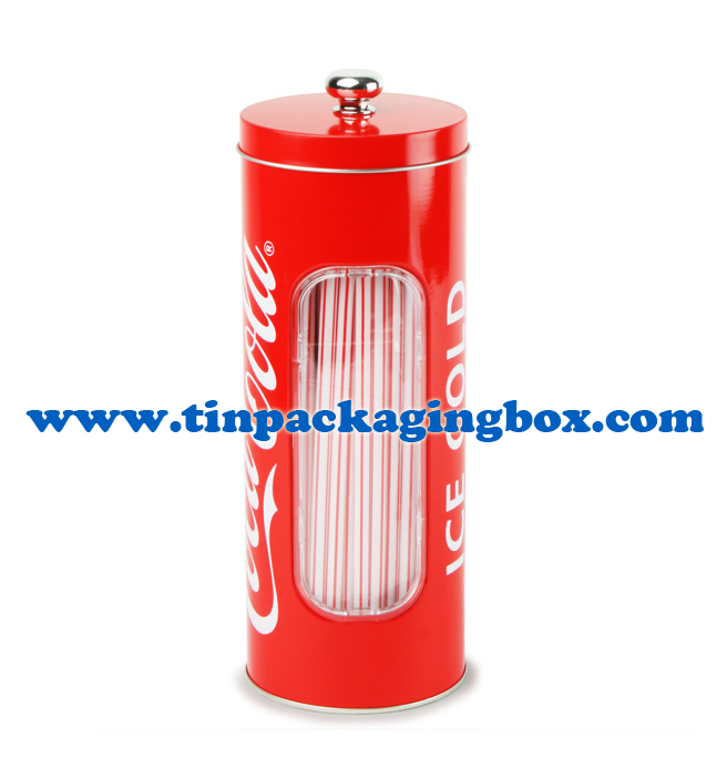 Promotional round tin can straw dispenser with clear PVC window and silver knob