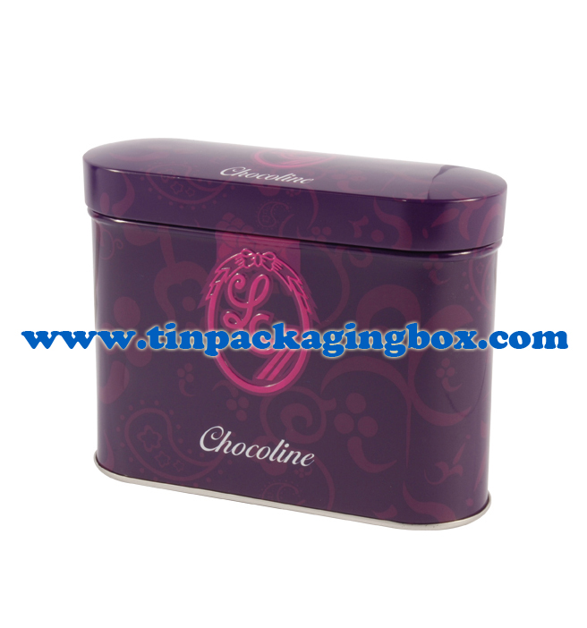 oval shape chocolate gift tin packaing box with raised Logo
