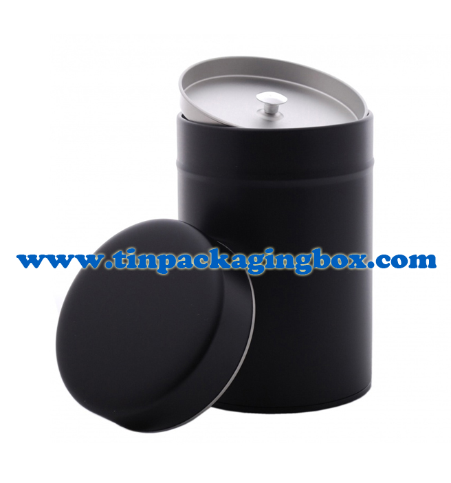 matt black round tea tin can with airtight double lids