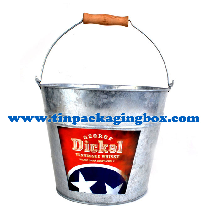 5 QUARTER Galvanized steel zinc finish ice bucket beer cooler with wooden grip and custom label