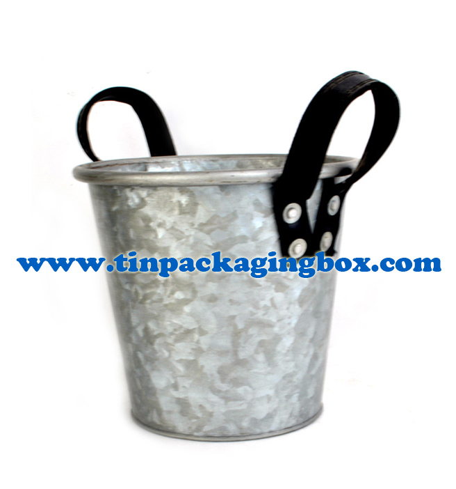 galvanized steel zinc finish metal bucket storage basket with leather handle