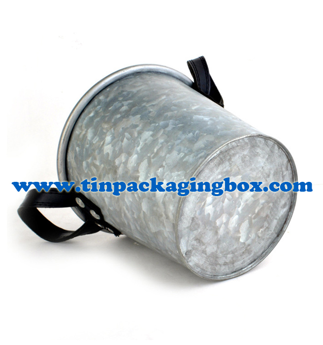 galvanized steel zinc finish metal bucket storage basket with leather handle