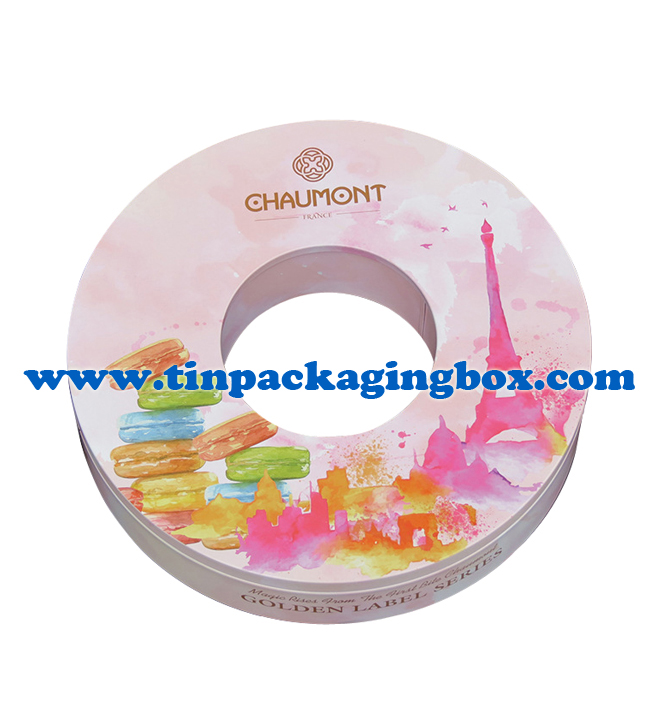Creative Ring shape cookie tins with PET tray Round tin can with a hole in the center