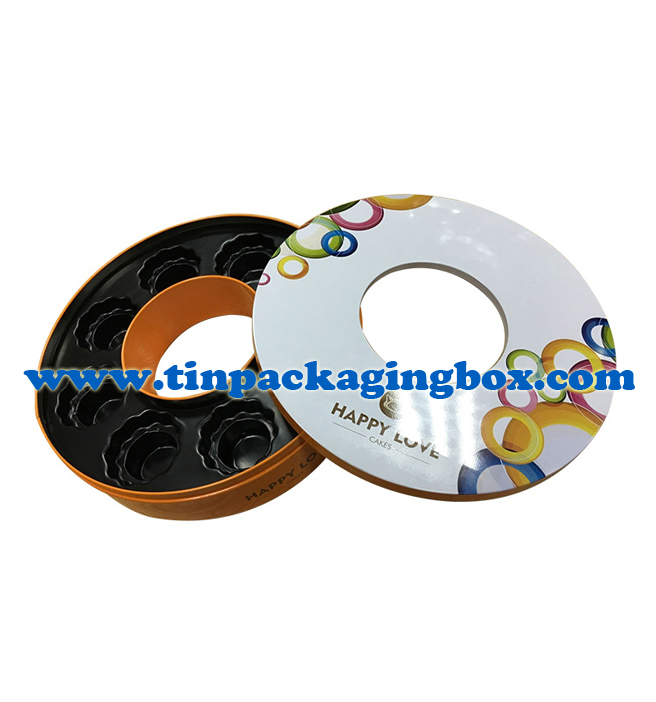 Creative Ring shape cookie tins with PET tray Round tin can with a hole in the center