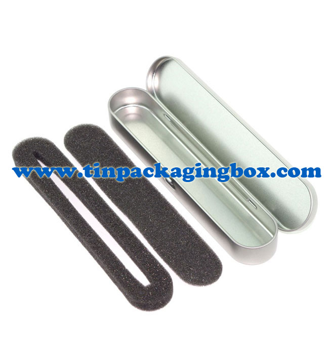 silver color oval long shape hinged lid metal tin pen box with foam