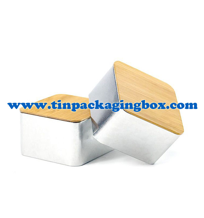 square storage tin container with bamboo lid