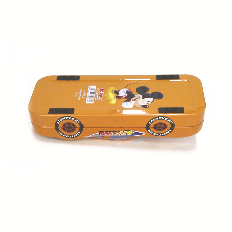Creative racing car shape metal tin pencil case pen box stationery box with 3 layers and 4 turning wheels