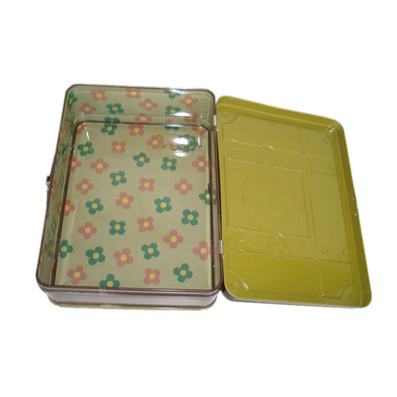 Custom printing Suitcase Tin Metal Lunch Boxes treasure chest with handle and clasp