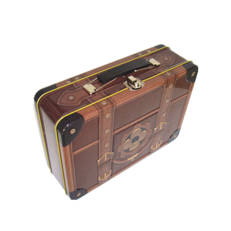 Custom printing Suitcase Tin Metal Lunch Boxes treasure chest with handle and clasp
