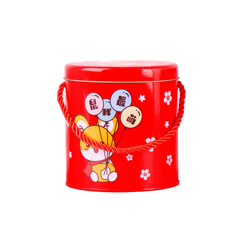 Christmas seasonal Round tall tin with string rope handle for candy & nougat packaging