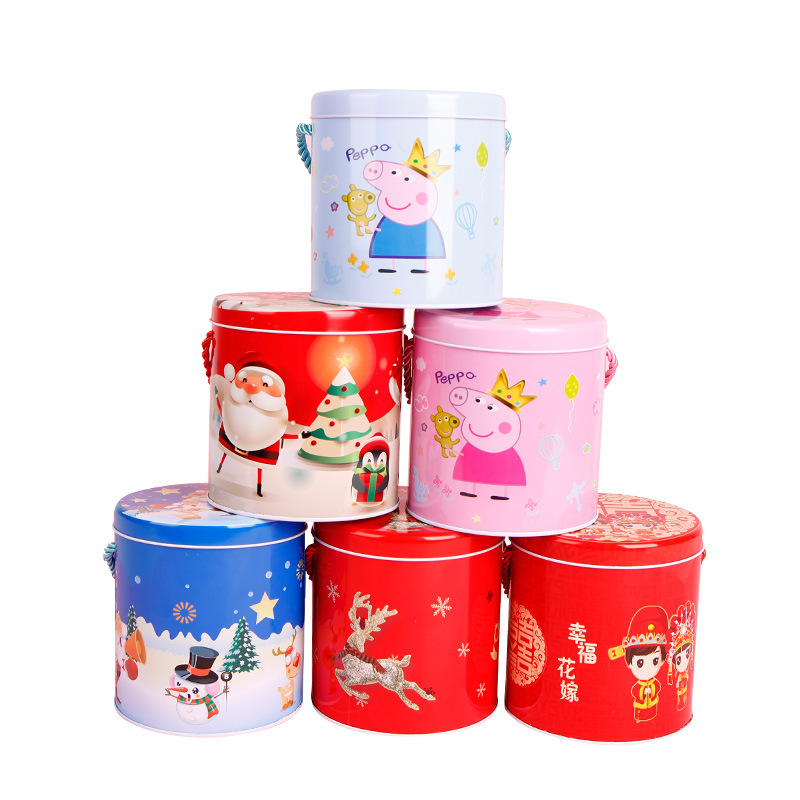 Christmas seasonal Round tall tin with string rope handle for candy & nougat packaging
