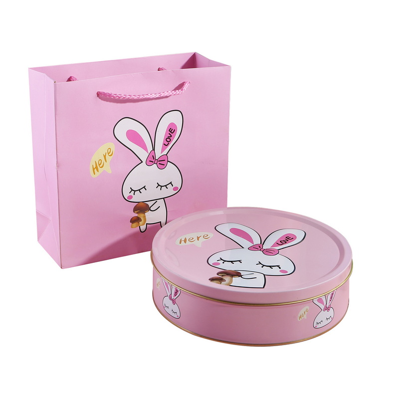 food grade circular tinplate cookie box nuts tin candy container with gift paper bag