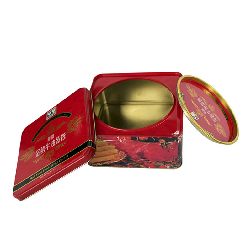 Food Grade Gold Color Square tin box with airtight pry lid double lids for egg rolls and cookies packaging