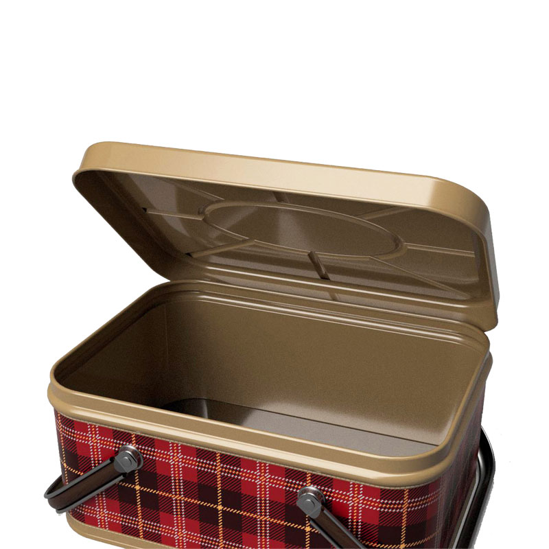 High quality Japan design hot sale metal tin lunch box picnic basket with 2 handles and hinged lid