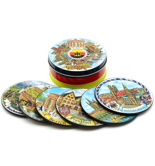 Promotional round metal tin coaster sets with cork
