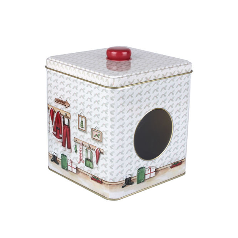 Square metal tin cookie jar biscuit storage box with knob