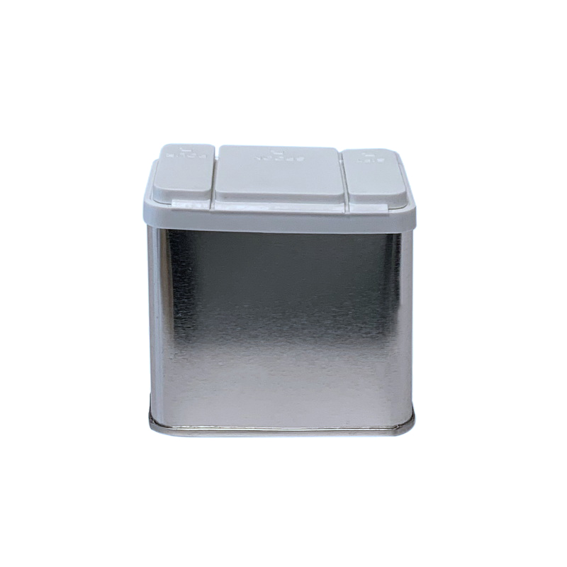 rectangular pepper shaker spice tin with plastic dispenser