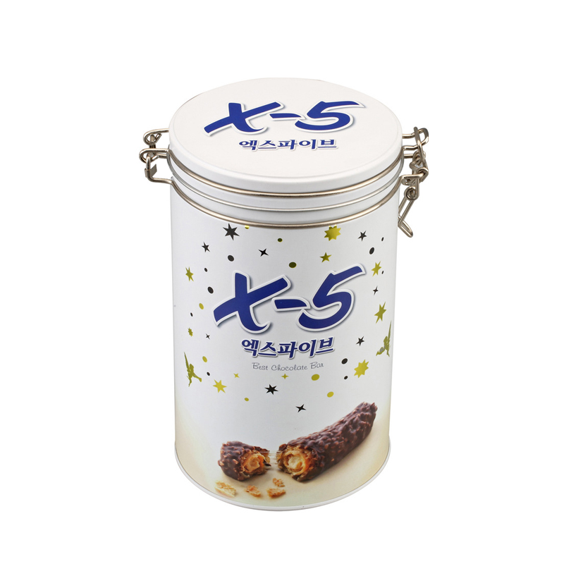Round gift tin container for X5 Chocolate bar packaging