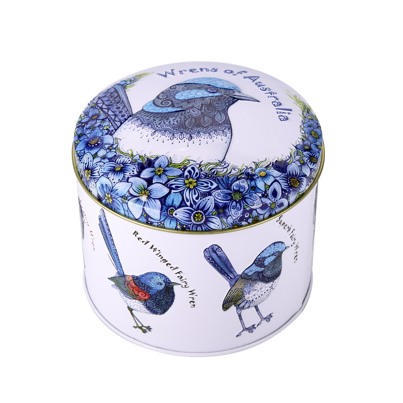 Wrens of Australia Round chocolate tin can with dome lid and embossing birds