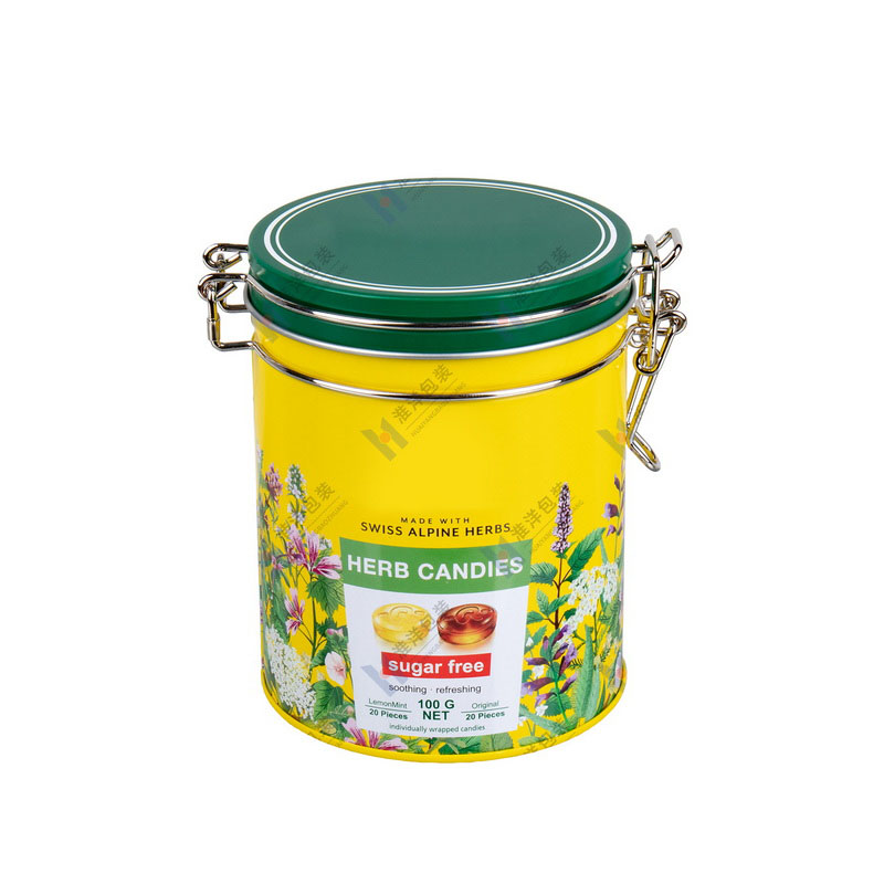 Clip hinged lid Round herd candy tin box with latch and rubber seal