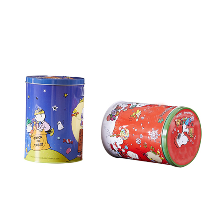 Cylinder Tinplate Can Cartoon Style Christmas Tin Box Lid Glossy Finish Custom Logo