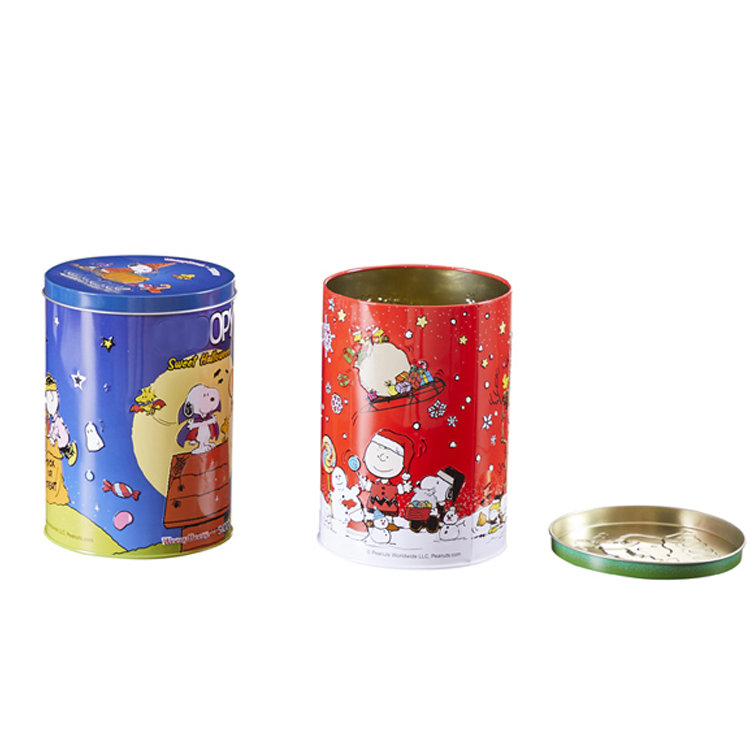 Cylinder Tinplate Can Cartoon Style Christmas Tin Box Lid Glossy Finish Custom Logo