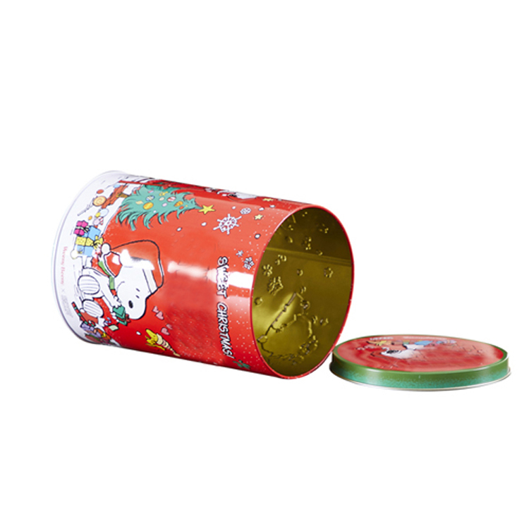 Cylinder Tinplate Can Cartoon Style Christmas Tin Box Lid Glossy Finish Custom Logo