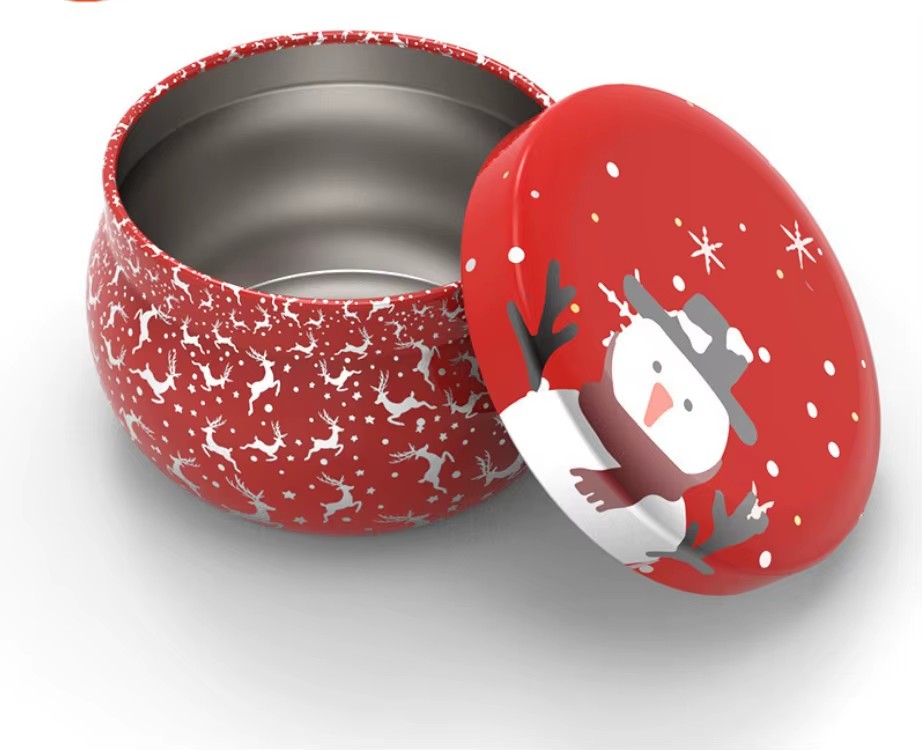 Christmas Round Tin Box Candle Meta Tin Cans for Candy Cookie With Cover