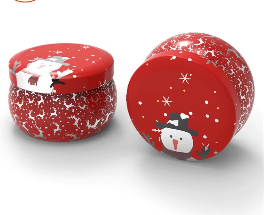 Christmas Round Tin Box Candle Meta Tin Cans for Candy Cookie With Cover