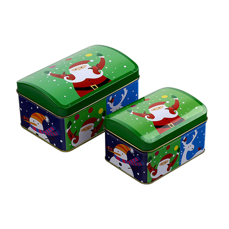 Custom Christmas Holiday Tins Rectangular Shape Tin Box with Dome Lid Metal Treasure Chest