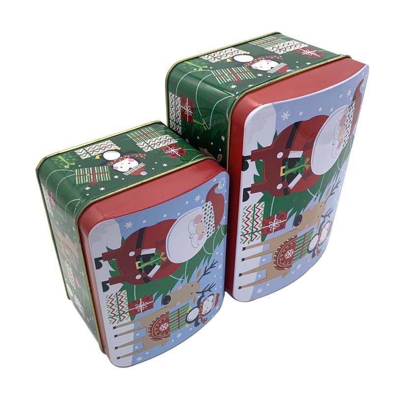Custom Christmas Holiday Tins Rectangular Shape Tin Box with Dome Lid Metal Treasure Chest