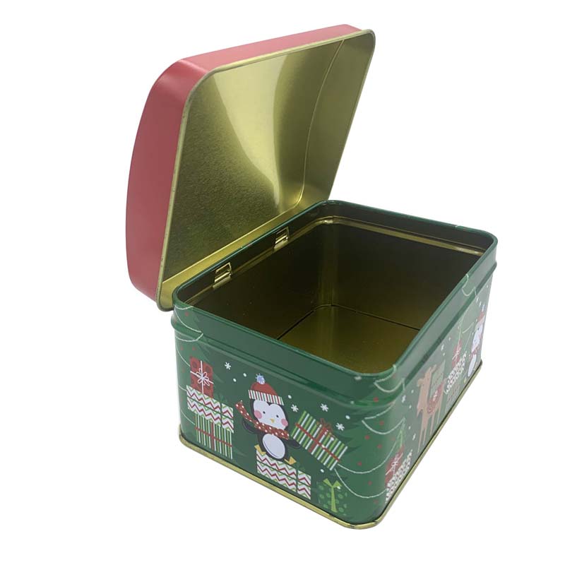 Custom Christmas Holiday Tins Rectangular Shape Tin Box with Dome Lid Metal Treasure Chest