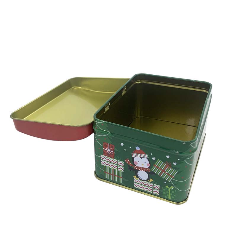 Custom Christmas Holiday Tins Rectangular Shape Tin Box with Dome Lid Metal Treasure Chest