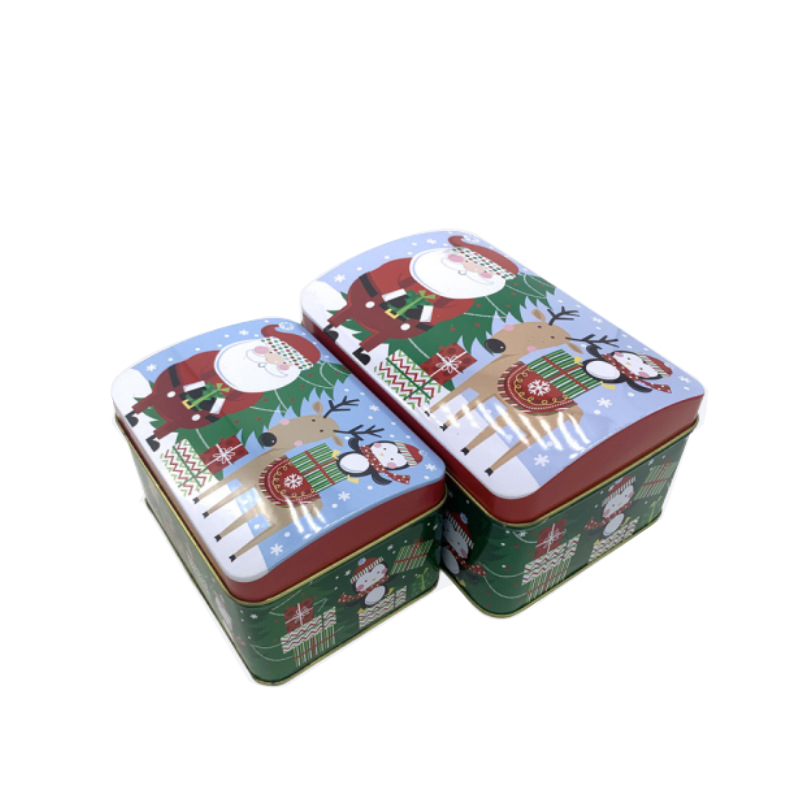 Custom Christmas Holiday Tins Rectangular Shape Tin Box with Dome Lid Metal Treasure Chest