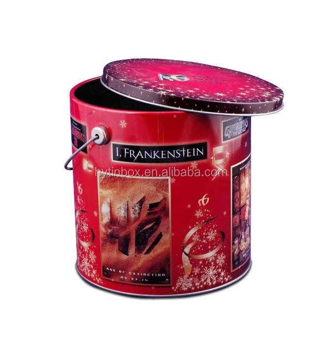 Cylindrical Metal Tin Popcorn Bucket with Lid and Handle for Party & Home Use